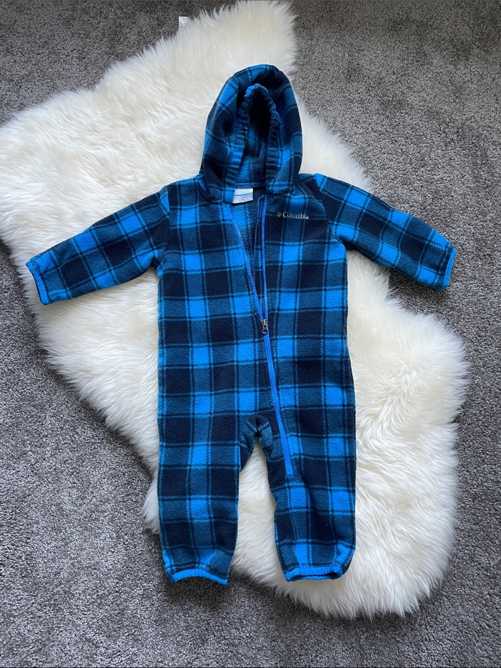 Columbia Blue and Black Plaid Fleece Hooded One-Piece